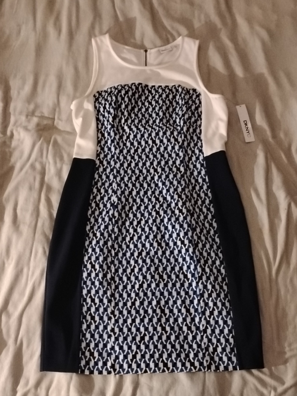 DKNYC Navy, White & Black Patterned Midi Sheath Dress